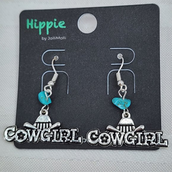 HIPPIE Silver Tone Cowgirl Western Statement Earrings Dangle Drop NWT - Picture 1 of 4